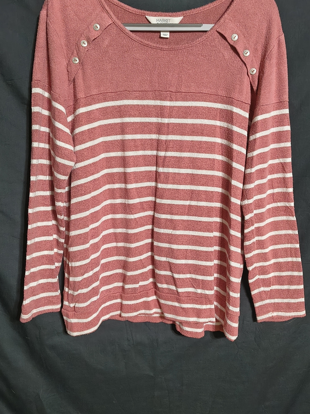 Market & Spruce Dusty Pink and White Striped Button-Shoulder Long Sleeve Top